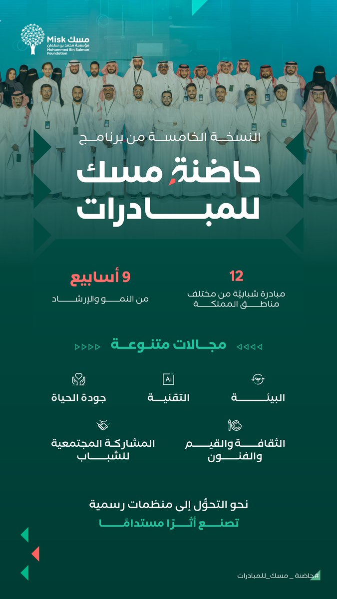 خطوات جديدة نحو أثر أوسع!
يستعد برنامج #حاضنة_مسك_للمبادرات لإطلاق نسخته الخامسة، لتمكين المبادرات الشبابيَّة وتحويلها إلى منظمات غير ربحية رسمية تصنع أثرًا مستدامًا في مجالات التقنية، البيئة، الثقافة والفنون، جودة الحياة، والمشاركة المجتمعية

#لمبادرتك_انطلاقة
#مسك_للمجتمع