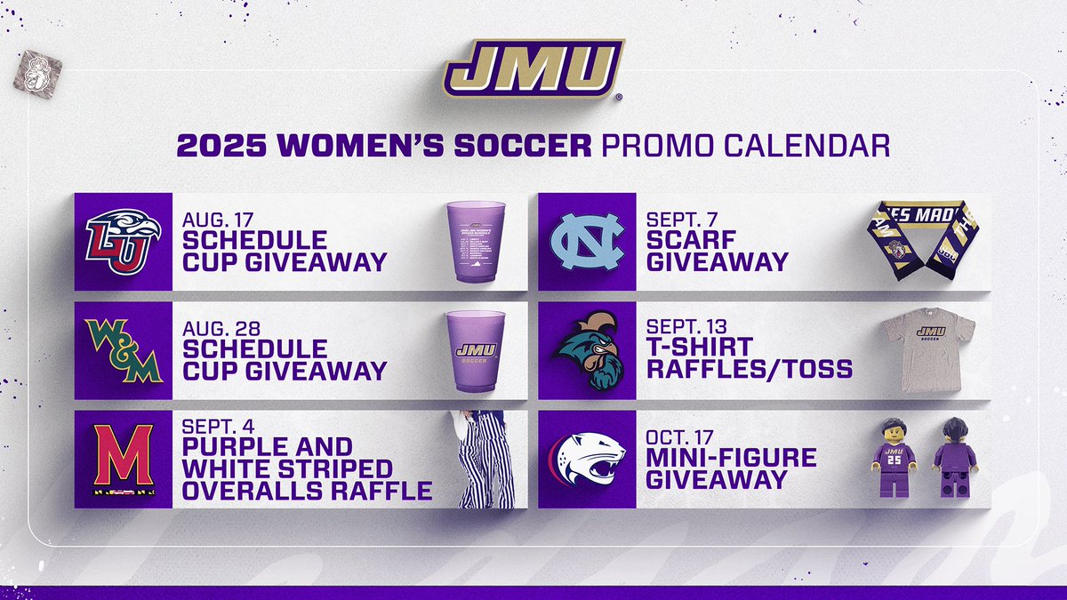 JMUWSoccer's tweet photo. This season's promo schedule has arrived! 

You won't want to miss these! Come support your women's soccer Dukes! 💜💛

📰 https://t.co/KPf1Wjdjan https://t.co/pKGEQVBX2b