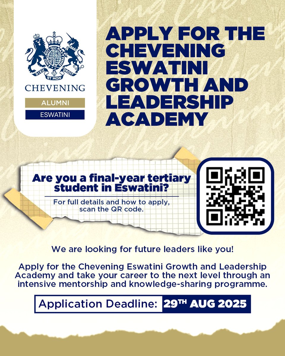 🚨 Brought to you by the Chevening Alumni Eswatini Network. 

Please apply by scanning the QR code or by following this link: forms.gle/WnArwDoiaHyZ85…

#IAmChevening