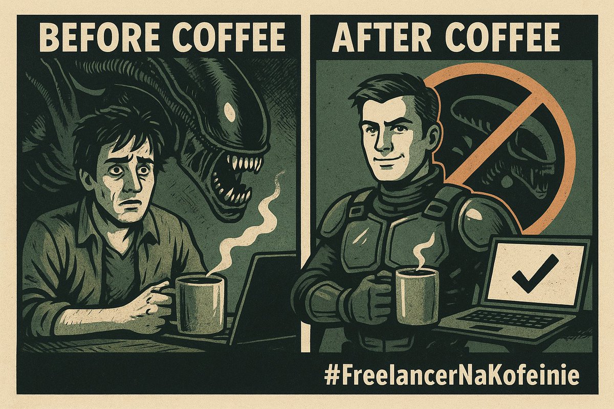crouchingtomcat's tweet photo. Przed kawą: Coś obcego siedzi w mojej skrzynce. 🙄
Po kawie: Zabiłem wszystkie deadline’y. Bez ofiar. 💪
#freelancer #FreelancerNaKofeinie #BeforeCoffee #AfterCoffee #Alien https://t.co/Xn26UsT20a