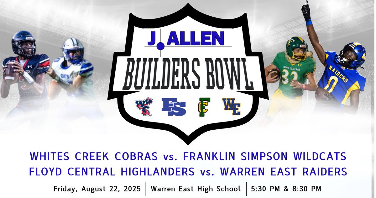 Warren East Football (@wehsfootball1) on Twitter photo The J. Allen Builders Bowl kicks off the 2025 Season in just 2 short days! <a href="/FSHSathletics/">Franklin-Simpson High School Athletics</a> <a href="/WhitesCreek615/">Whites Creek Athletics</a> <a href="/FloydCentralFB/">Floyd Central Football</a>
Ticket Link: gofan.co/event/3919973 The J. Allen Builders Bowl kicks off the 2025 Season in just 2 short days! <a href="/FSHSathletics/">Franklin-Simpson High School Athletics</a> <a href="/WhitesCreek615/">Whites Creek Athletics</a> <a href="/FloydCentralFB/">Floyd Central Football</a>
Ticket Link: gofan.co/event/3919973