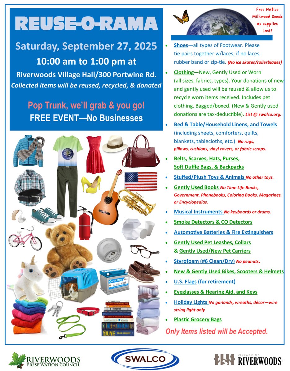 ♻️SWALCO is partnering with the Village of Riverwoods and the Riverwoods Preservation Council for a Reuse-O-Rama.. This is a free event for household items only--only items listed on the flyer will be accepted. Collected items will be reused, recycled, and donated.