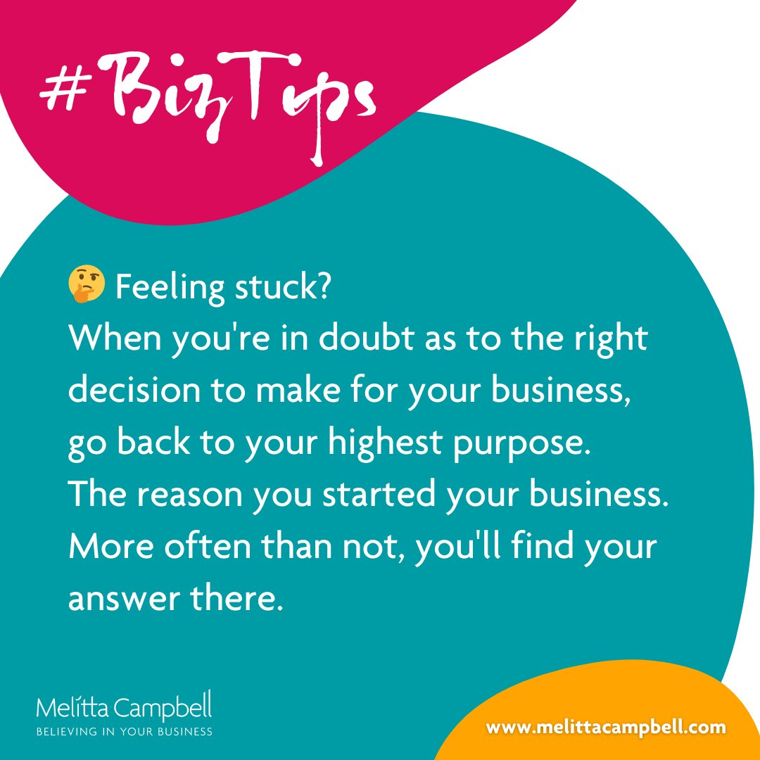 ShyGirlBooks's tweet image. 🤔 Feeling stuck?

When you&apos;re in doubt as to the right decision to make for your business,

go back to your highest purpose.

The reason you started your business. More often than not, you&apos;ll find your answer there.
.
#bizTips #TuesdayTips #advice #businesstips