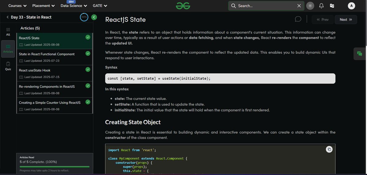 arup_jy's tweet photo. Day 33 with @geeksforgeeks
 Dove into ReactJS State today! Learned how state lets components hold dynamic info &amp; re-render on changes 
using useState
https://t.co/RPHeJpRDbY
#nationskillup #gfgnationskillup #skillupwithgfg #gfg #geeksforgeeks #freeresources  #codinglife https://t.co/xReiyuK1jB