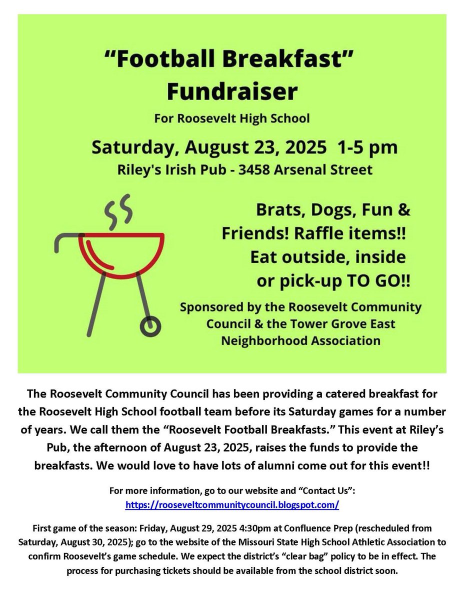 Reminder - this Saturday, August 23, 1-5pm at Riley's Irish Pub in Tower Grove East. Help support our local public high school!!