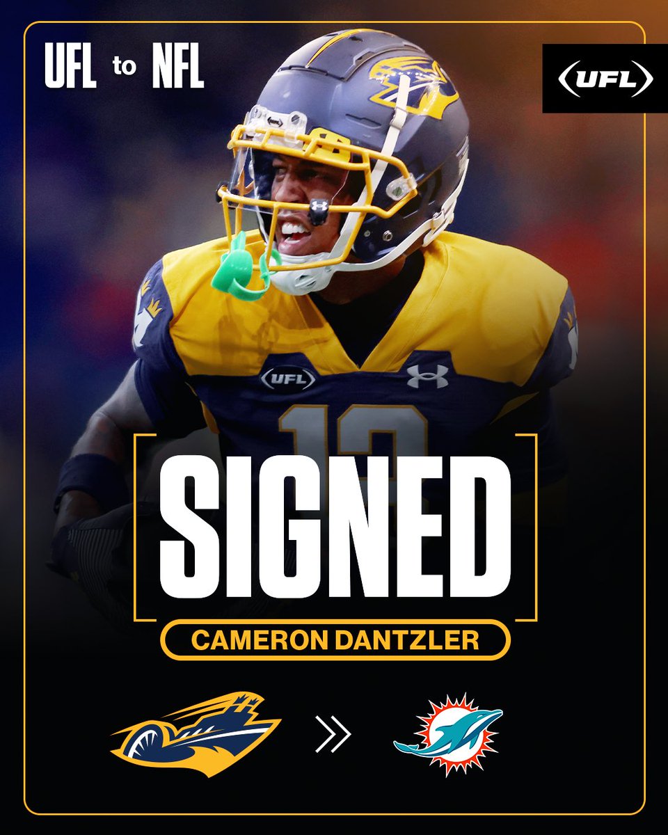 United Football League (@theufl) on Twitter photo Memphis ➡️ Miami
CB Cameron Dantzler officially signs with the <a href="/MiamiDolphins/">Miami Dolphins</a>
#UFLtoNFL Memphis ➡️ Miami
CB Cameron Dantzler officially signs with the <a href="/MiamiDolphins/">Miami Dolphins</a>
#UFLtoNFL