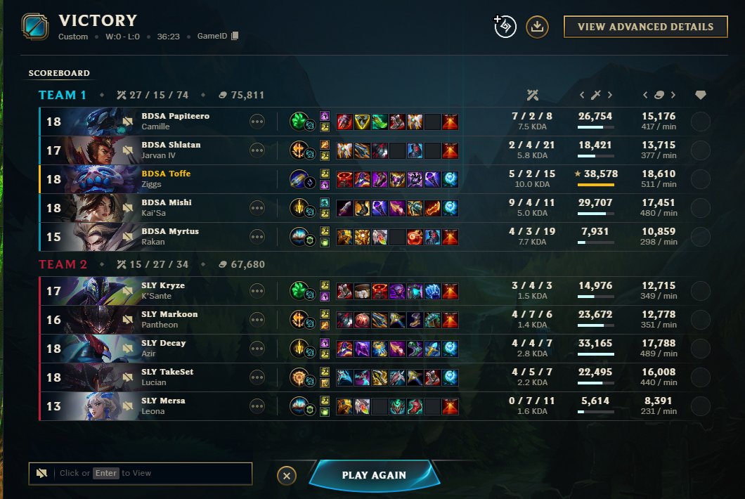 2-0 against <a href="/SolaryTV/">Solary</a>  Toffe ziggs special
Playoffs still doable, 1% chance 99% faith. Ggs <a href="/MarkoonLoL/">Mark</a> <a href="/takeset1/">TakeSet</a> <a href="/DecayLoL_/">Decay</a>