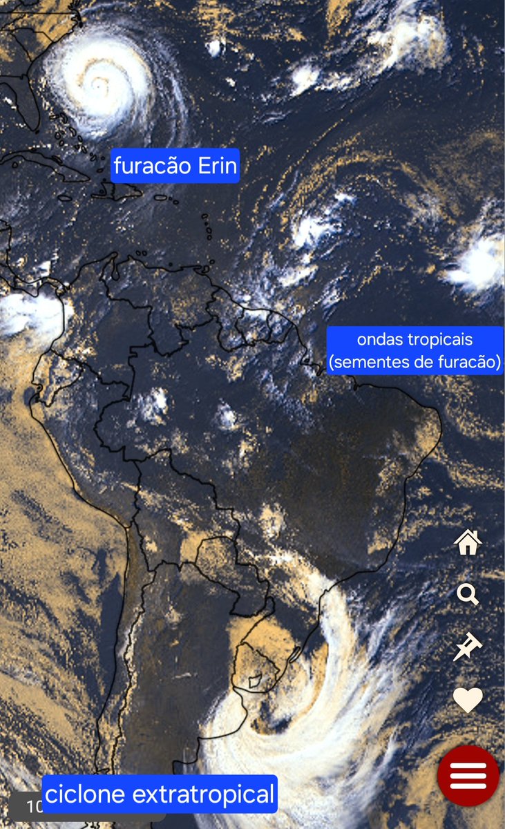 Belíssima imagem de satélite na manhã de hoje, com o furacão Erin, nosso ciclone extratropical e ondas tropicais (sementes de furacões) ao longo do Atlântico.
As baixas pressões sinóticas sempre serão meus sistemas preferidos da atmosfera.