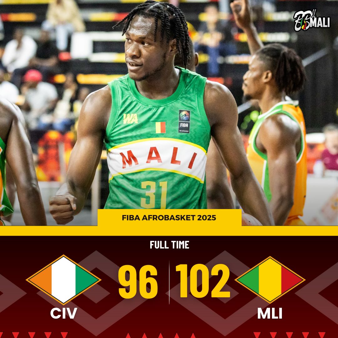 🚨 𝐂'𝐄𝐒𝐓 𝐅𝐀𝐈𝐓 ! Le Mali crée la surprise en éliminant la Côte d’Ivoire, vice-championne en titre, sur le score de 102 à 96 après la prolongation, et décroche son billet pour les demi-finales de l’Afrobasket masculin 2025. 🇲🇱✅️

Vos impressions 🤔