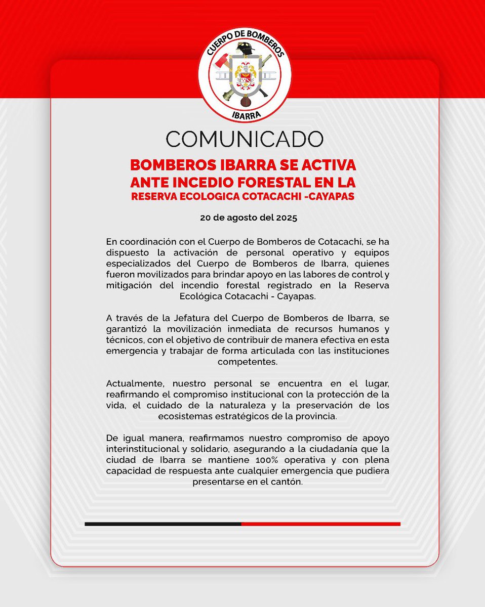 #ActivaciónForestal 🌳🔥 En coordinación con Bomberos Cotacachi, hemos activado personal y equipos para apoyar en el control del incendio forestal en la Reserva Ecológica Cotacachi  - Cayapas.

🧑‍🚒Somos #BomberosIbarra  

🐻🔥#IncendiosCero