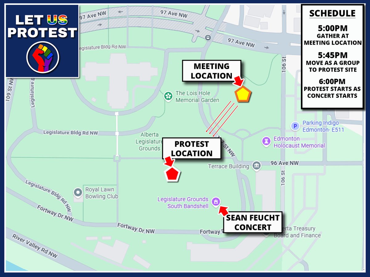 letusprotest's tweet photo. Protest Updates!
WE HAVE MAPS!
These maps are subject to change, but this is what our plan looks like for Friday. We'll be meeting at 5:00pm at the designated location below for anyone who wants to move to the protest site as a group. /1
#yeg #yegpride #ableg #abpoli #cdnpoli https://t.co/g5b2z6SFB6