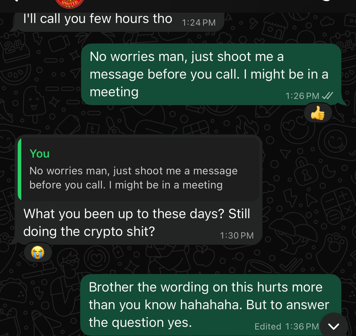 My friend’s web2 company is in the process of being acquired and he reached out to me to tell me the details. And this is where it lead 😂😭.

No matter how much crypto pumps, when someone is crushing it in life and says “still doing the crypto shit?” It just hits different.