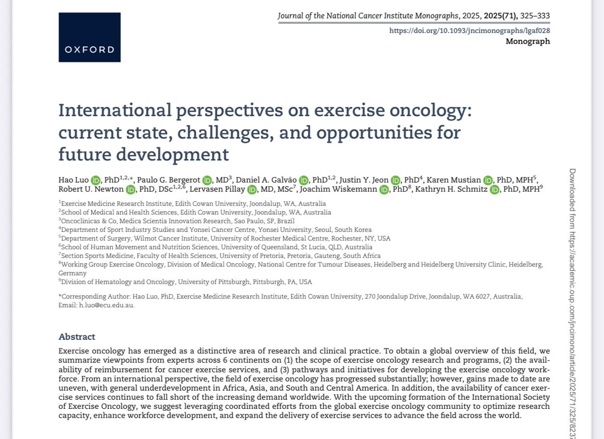 Paulo G Bergerot (@paulobergerot) on Twitter photo ISEO 🌎: Exercise=medicine 4 cancer, but access uneven
Our <a href="/JNCI_Now/">JNCI</a> paper maps #ExerciseOncology research, services & workforce across 31 countries, showing progress, gaps & opportunities 4 collab
<a href="/exoncolgermany/">Joachim Wiskemann</a> @Fitaftercancer <a href="/ProfRobNewton/">Rob Newton</a> <a href="/urspecial2/">전용관 Justin Y. Jeon</a>
academic.oup.com/jncimono/artic… ISEO 🌎: Exercise=medicine 4 cancer, but access uneven
Our <a href="/JNCI_Now/">JNCI</a> paper maps #ExerciseOncology research, services & workforce across 31 countries, showing progress, gaps & opportunities 4 collab
<a href="/exoncolgermany/">Joachim Wiskemann</a> @Fitaftercancer <a href="/ProfRobNewton/">Rob Newton</a> <a href="/urspecial2/">전용관 Justin Y. Jeon</a>
academic.oup.com/jncimono/artic…