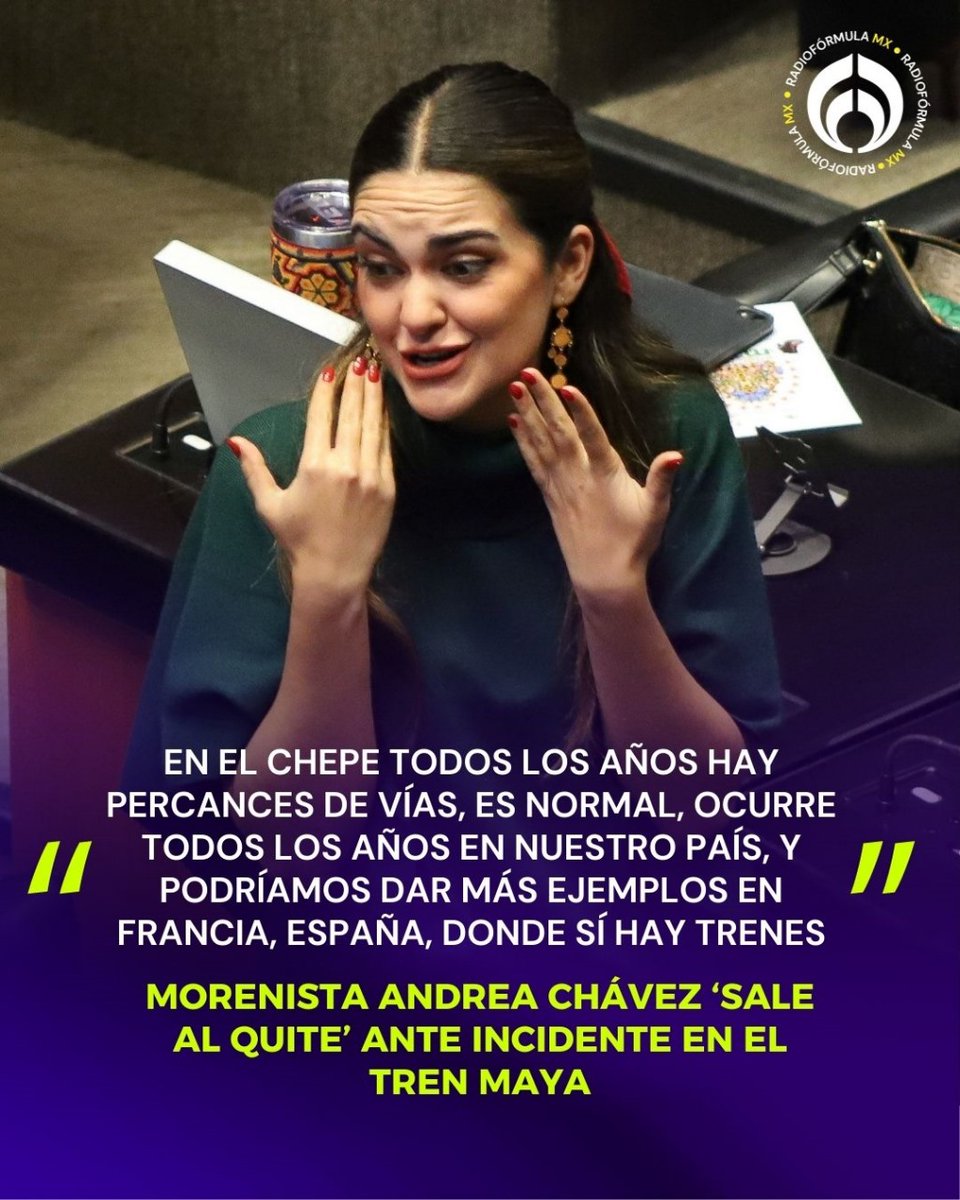 Grupo Fórmula (@radio_formula) on Twitter photo ‘Es normal’: 😌 Tras el percance en el Tren Maya, la morenista Andrea Chávez (<a href="/AndreaChavezTre/">Andrea Chávez</a>) consideró que este tipo de incidentes son comunes y ocurren en México y en otras partes del mundo: “estamos desacostumbrados porque no hay trenes de pasajeros en nuestro país”. 🚅 ‘Es normal’: 😌 Tras el percance en el Tren Maya, la morenista Andrea Chávez (<a href="/AndreaChavezTre/">Andrea Chávez</a>) consideró que este tipo de incidentes son comunes y ocurren en México y en otras partes del mundo: “estamos desacostumbrados porque no hay trenes de pasajeros en nuestro país”. 🚅