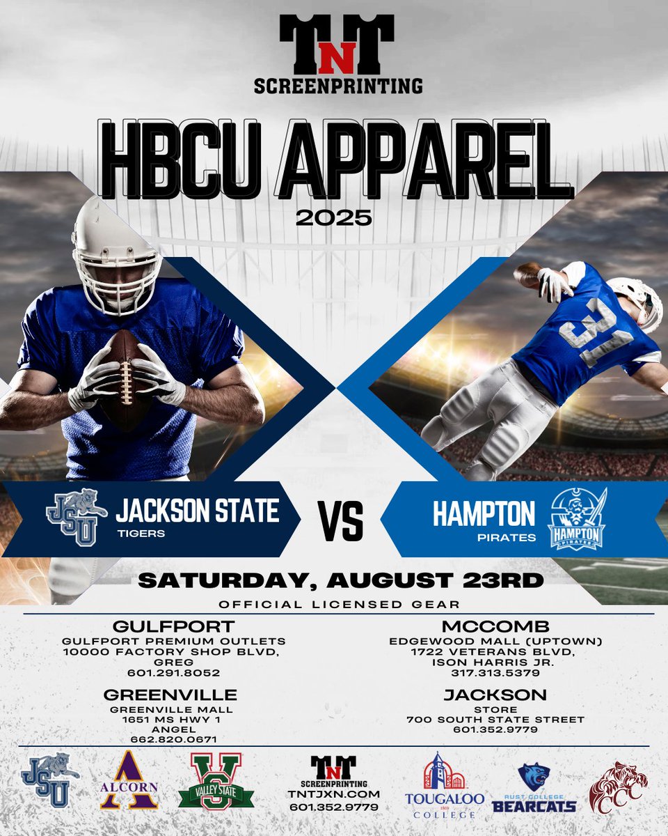 TNTJXN's tweet photo. Mississippi’s HBCU pride is taking center stage!

From JSU to Alcorn and other schools that keep our HBCU traditions alive, no matter what school you rep, your covered.

August 23rd, stop by one of our pop-up locations for HBCU apparel.

Your Colors. Your Culture. Your Moment. https://t.co/HguFmQIhde