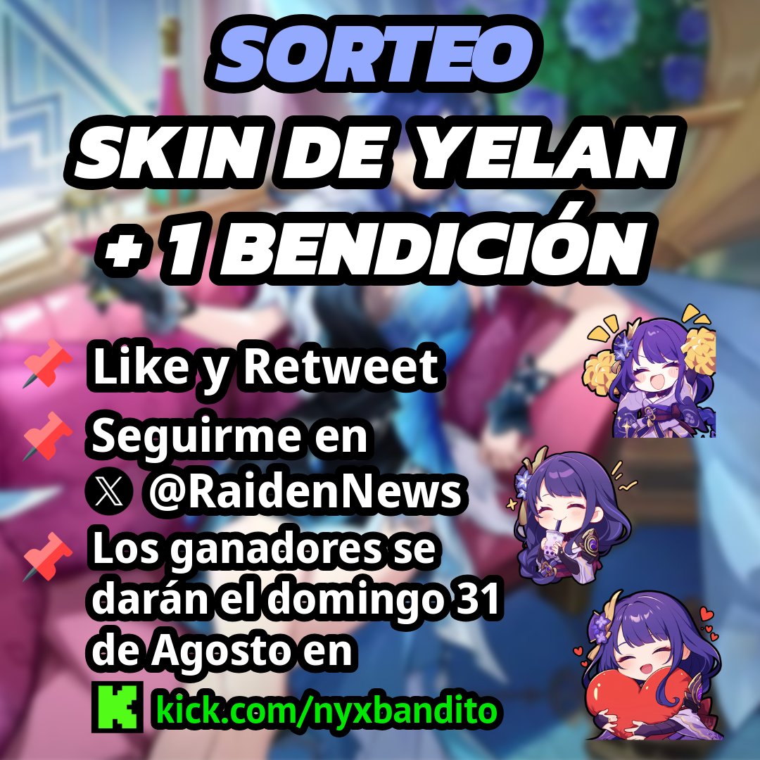 🎉 ¡SORTEO ESPECIAL! 🎉

🎁 Skin de Yelan + 1 Bendición Lunar 🌙✨

¿Te gustaría ganar la nueva skin de Yelan y una bendición lunar?

¡Sigue estos pasos y participa ya mismo!

🔹 Requisitos:

✅ Dale Like y RT a este post
✅ Sígueme <a href="/RaidenNews/">Raiden News</a> 

📅 Ganador anunciado:
🗓️ Domingo