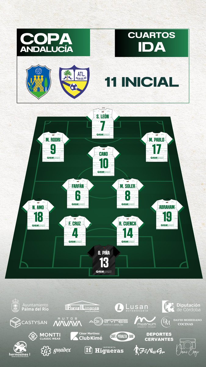 Palma del Río DEPORTE (@palmadeporte) on Twitter photo ⚽️💛💙 Fútbol | ¡Tenemos 11 inicial del <a href="/AtcoPalmadelRio/">Atl. Palma del Río CF</a> en la ida de los cuartos de final 🆚 <a href="/MontillaCF/">Montilla C.F.</a> !
#palmadeporte ⚽️💛💙 Fútbol | ¡Tenemos 11 inicial del <a href="/AtcoPalmadelRio/">Atl. Palma del Río CF</a> en la ida de los cuartos de final 🆚 <a href="/MontillaCF/">Montilla C.F.</a> !
#palmadeporte
