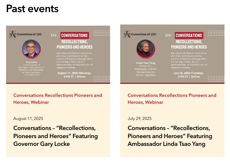 Committee100's tweet image. Miss out on one of our interviews with Asian American trailblazers?  No, you didn't! 😉 

The recordings are all available on our website, on each past event's page: committee100.org/events/

#AsianAmerican #ChineseAmerican #AAPIHistory #AAPITrailblazers