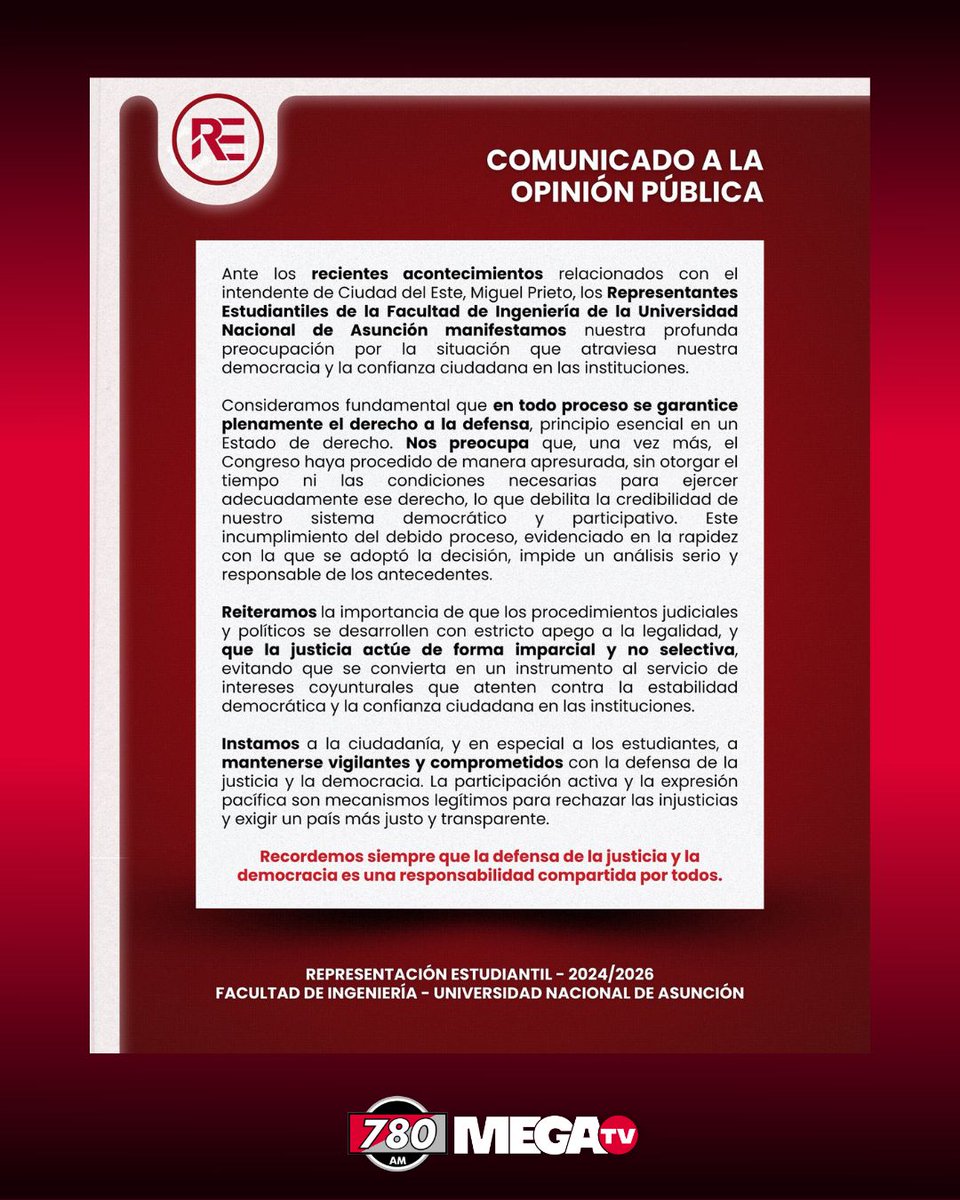 COMUNICADO DE LOS REPRESENTANTES ESTUDIANTILES DE LA FACULTAD DE INGENIERÍA DE LA UNIVERSIDAD NACIONAL DE ASUNCIÓN 

➡️Los Representantes Estudiantiles de la Facultad de Ingeniería de la Universidad Nacional de Asunción se pronunciaron tras la destitución de Miguel Prieto como