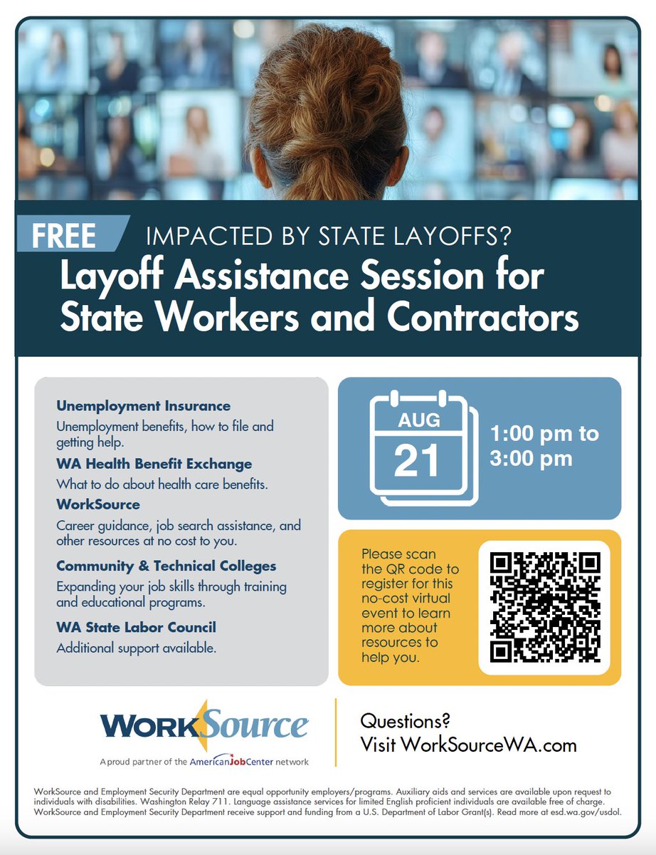 TheStandWA's tweet photo. Are you a state worker facing layoff? @WAAFLCIO, WA Employment Security Department and WorkSource WA are offering a free session on Aug. 21 detailing support resources available.

https://t.co/Qbiy9XRySd https://t.co/Wy9FiaaAWK