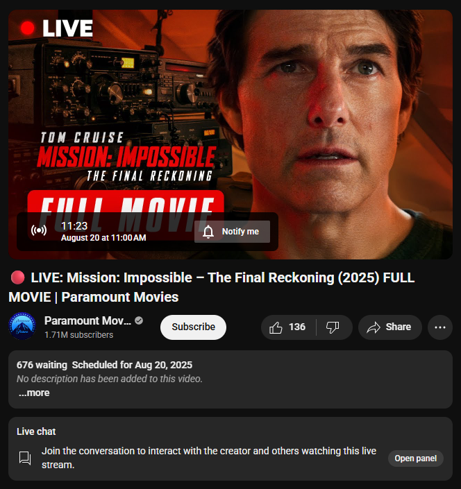 It seems Paramount is about to start streaming Mission: Impossible - The Final Reckoning in full on YouTube in a minute. youtube.com/watch?v=cr7woa…