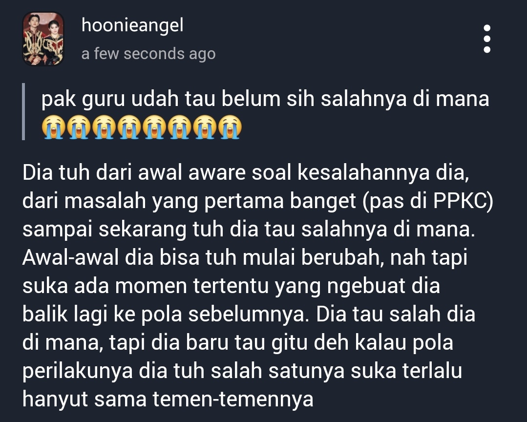 hoonieangel's tweet image. ❓ pak guru udah tau belum sih salahnya di mana😭😭😭😭😭😭😭😭
💬 #zatalks  tellonym.me/hoonieangel/an…