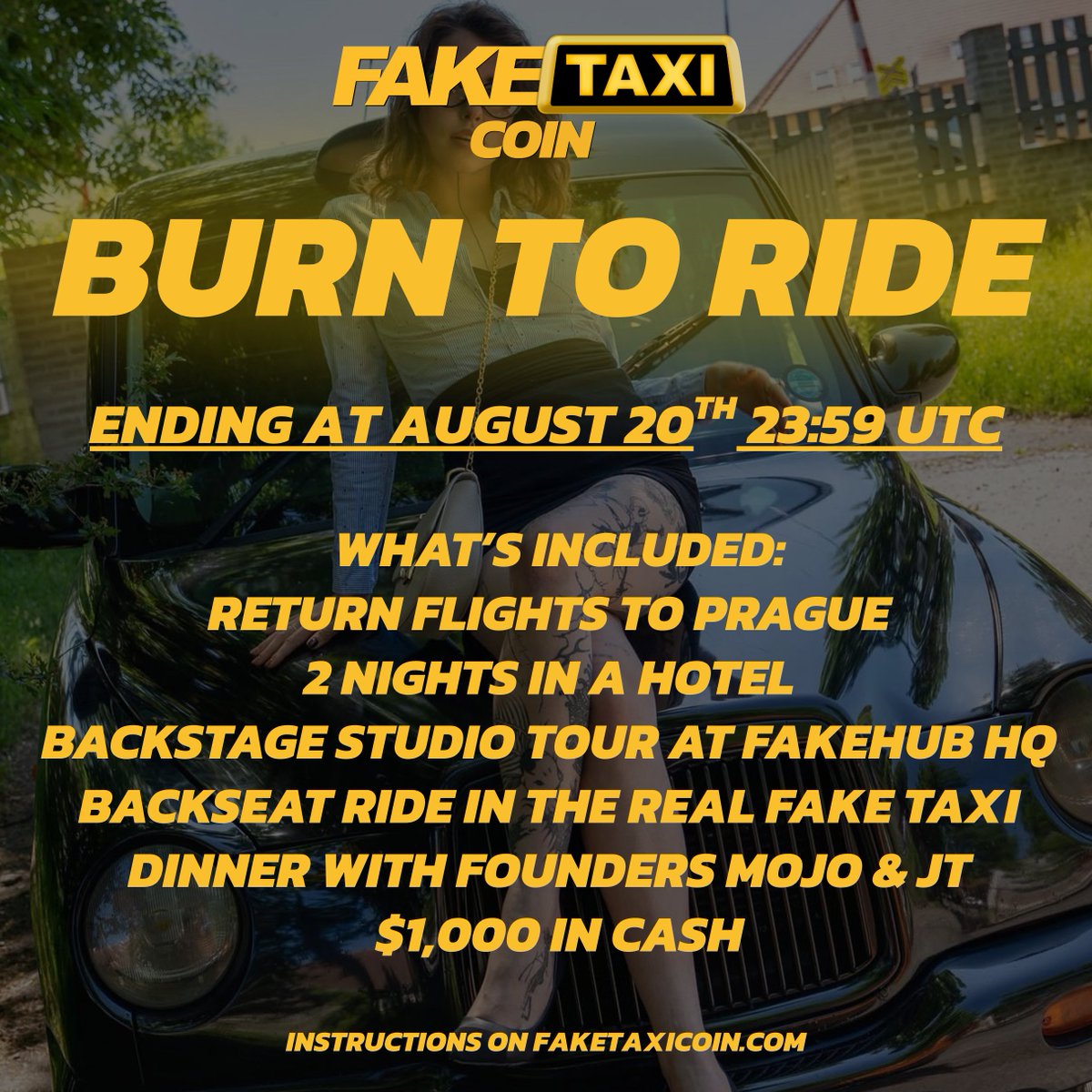 6 HOURS TO GO! 🔥🚕

ALL EXPENSES PAID trip with flights + hotel? A ride in the Fake Taxi? $1k spending money?

It could be yours. Simply burn 10,000 Fake Taxi Coins to enter the draw, or 696,696 to guarantee a spot.

Full details here: faketaxicoin.com/burn-to-ride