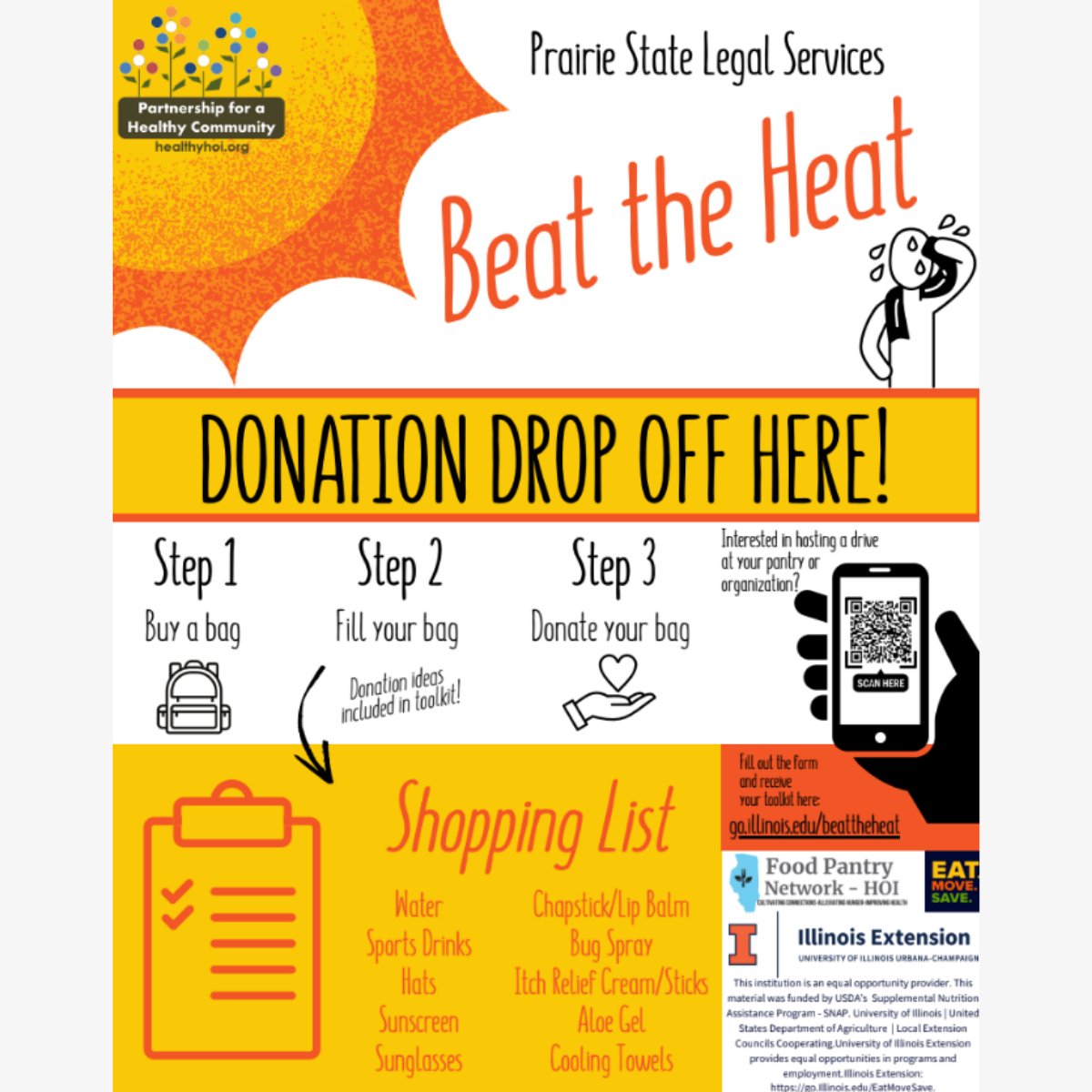BEAT THE HEAT: Join PSLS &amp; U of I Extension for a summer supply drive. To help keep the community stay cool: 1️) Buy a bag 2️) Fill it with water, sports drinks, hats, sunscreen &amp; sunglasses 3) Drop it off at the Peoria PSLS office, 101 SW Adams St., Suite 800 by Aug. 31.