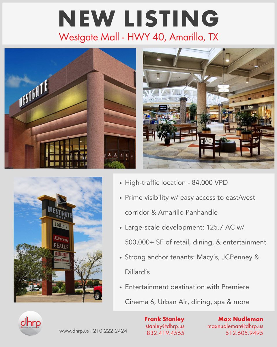 dhrp_inc's tweet photo. Retail Spaces For Lease @ Westgate Mall | Amarillo, TX – strong anchors &amp; entertainment mix, strategically located w/ stable traffic &amp; visibility across the TX Panhandle. For more information, call 210.222.2424 or visit https://t.co/xcXujs9wSe today! https://t.co/8JjZcLHS1C