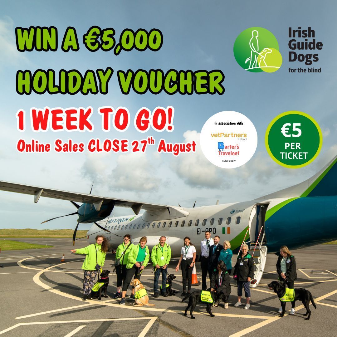 We have just 1 week remaining for online sales of our Holiday Voucher Raffle tickets!
We will be drawing the winner at our Open Day, make sure you are in the drum by getting your tickets for only €5 ahead of the draw by clicking the link here: shop.guidedogs.ie/collections/al…
Rules apply