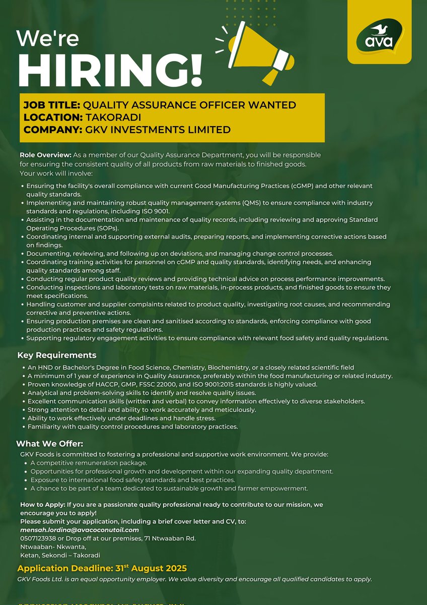 avacoconutoil's tweet photo. Passionate about quality?

GKV Foods is hiring a Quality Assurance Officer in the Western Region to uphold world-class standards.

📩 Apply now with your CV &amp; cover letter to mensah.lordina@avacoconutoil.com

📞 0507123938 

📅 Deadline: 31st August 2025

#Hiring #GKVFoods https://t.co/4h2zyO1VF2