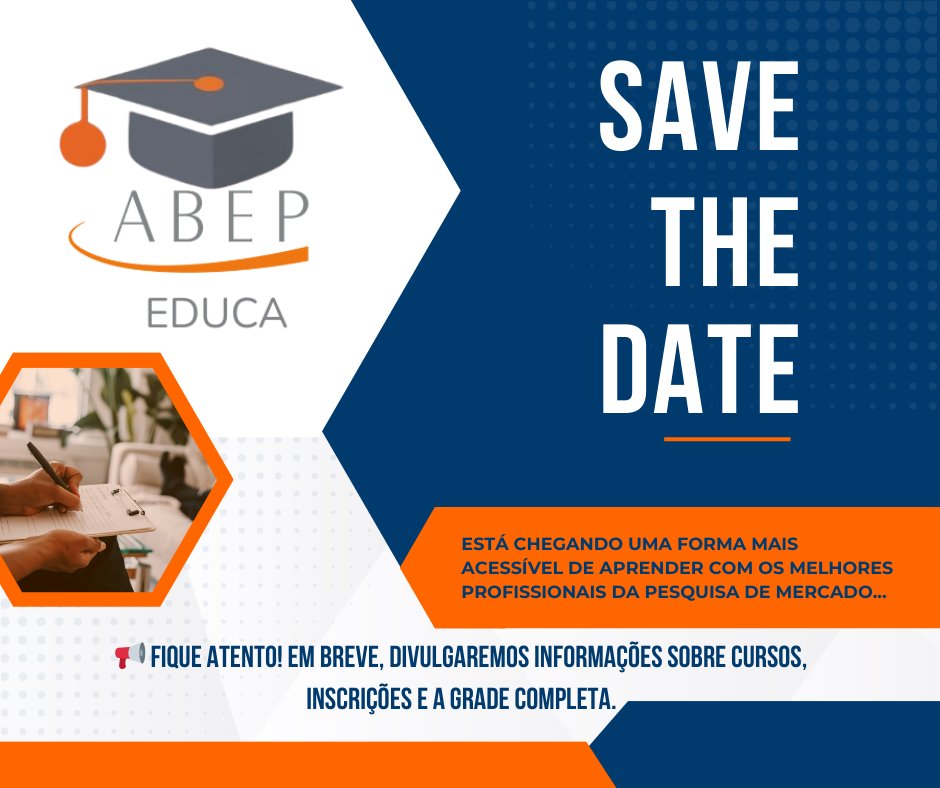 Vem aí a ABEP EDUCA! A nova plataforma de cursos online da ABEP chega em setembro com conteúdos exclusivos para capacitação, inovação e desenvolvimento profissional em pesquisa. Fm breve divulgaremos cursos, inscrições e grade completa. #ABEPeduca #CursosOnline #Pesquisa"