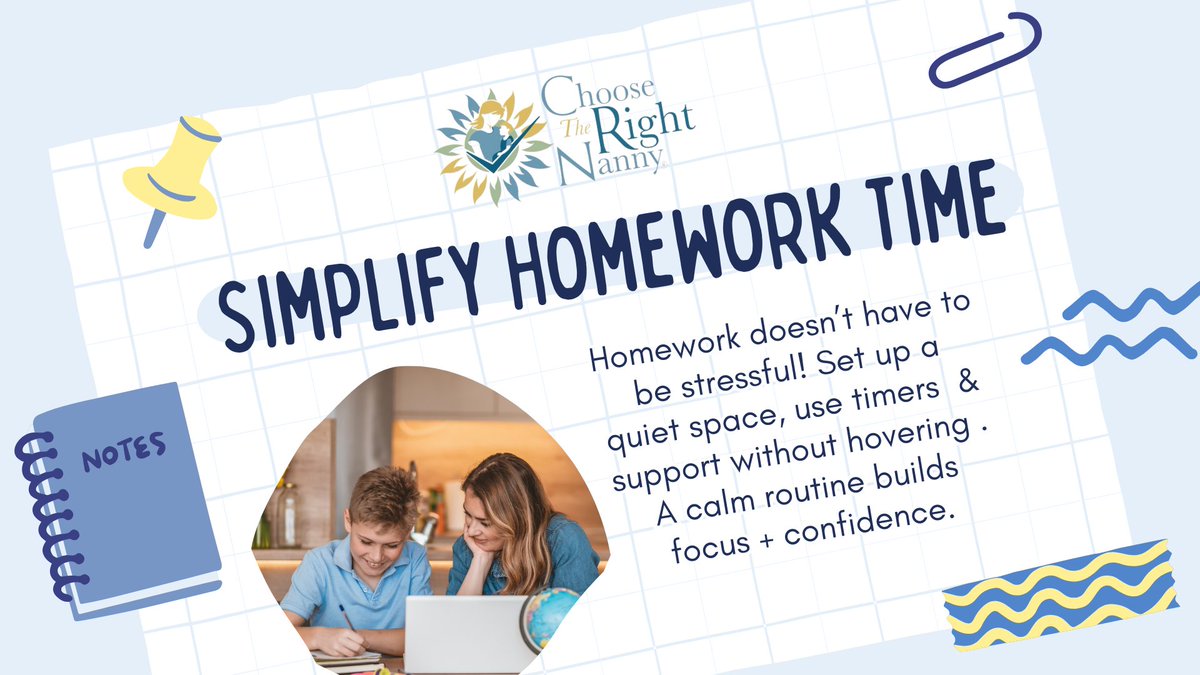 CTRNanny's tweet image. 📚 Homework doesn’t have to be stressful! Create a quiet space, use timers ⏱️ &amp;amp; support without hovering 👩‍👧. A calm routine builds focus + confidence 🌟 What’s your best homework tip? 💬 #HomeworkHelp #NannySupport