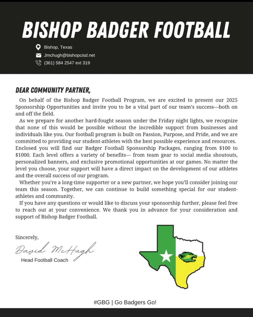 🏈 Bishop Badger Football is still looking for sponsors! 
We have great sponsorship packages available for businesses and families who want to support our Badgers this season. Don’t miss out on this opportunity, deadline is September 1st!
#GoBadgers #BadgerPride #GBG