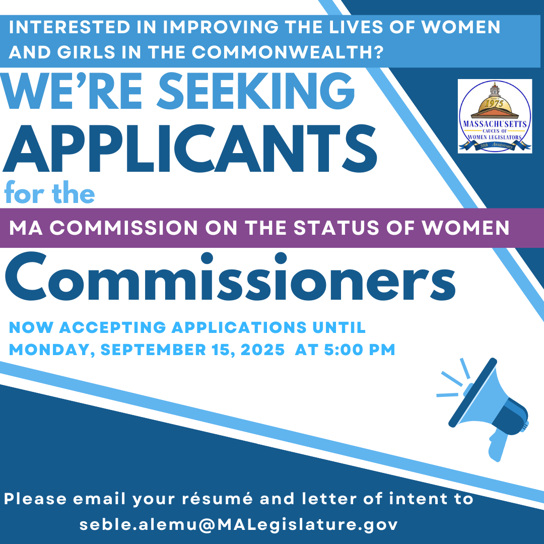 MAWomensCaucus's tweet photo. The Women’s Caucus appoints six of the Massachusetts Commission on the Status of Women’s nineteen volunteer commissioners, each serving a staggered three-year term. Send a résumé and letter of intent to Seble.Alemu@maLegislature.gov by Monday, September 15, 2025, at 5:00 PM. https://t.co/UStMOQrEj4