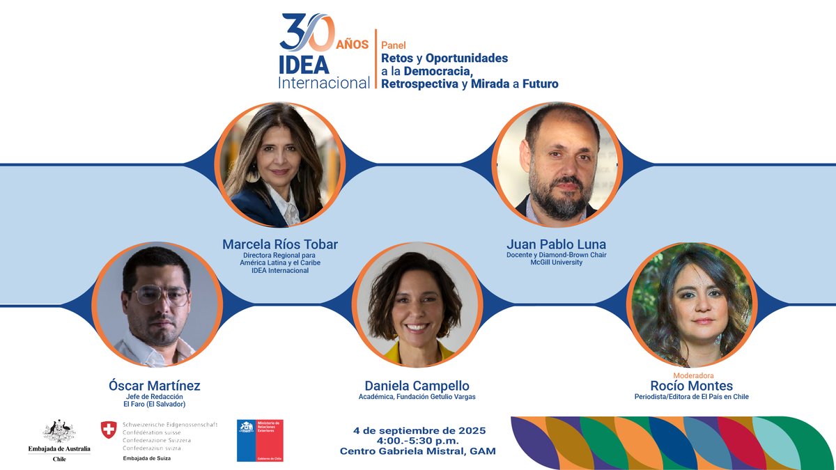 IDEA_Int_Chile's tweet image. 🌎 Evento Regional | 30 años de IDEA Internacional.

Cerramos la conmemoración de nuestros #IDEA30Años con el panel “Retos y Oportunidades a la Democracia: Retrospectiva y Mirada a Futuro”. 

Este será un espacio para discutir, con perspectiva regional y comparada, los escenarios…