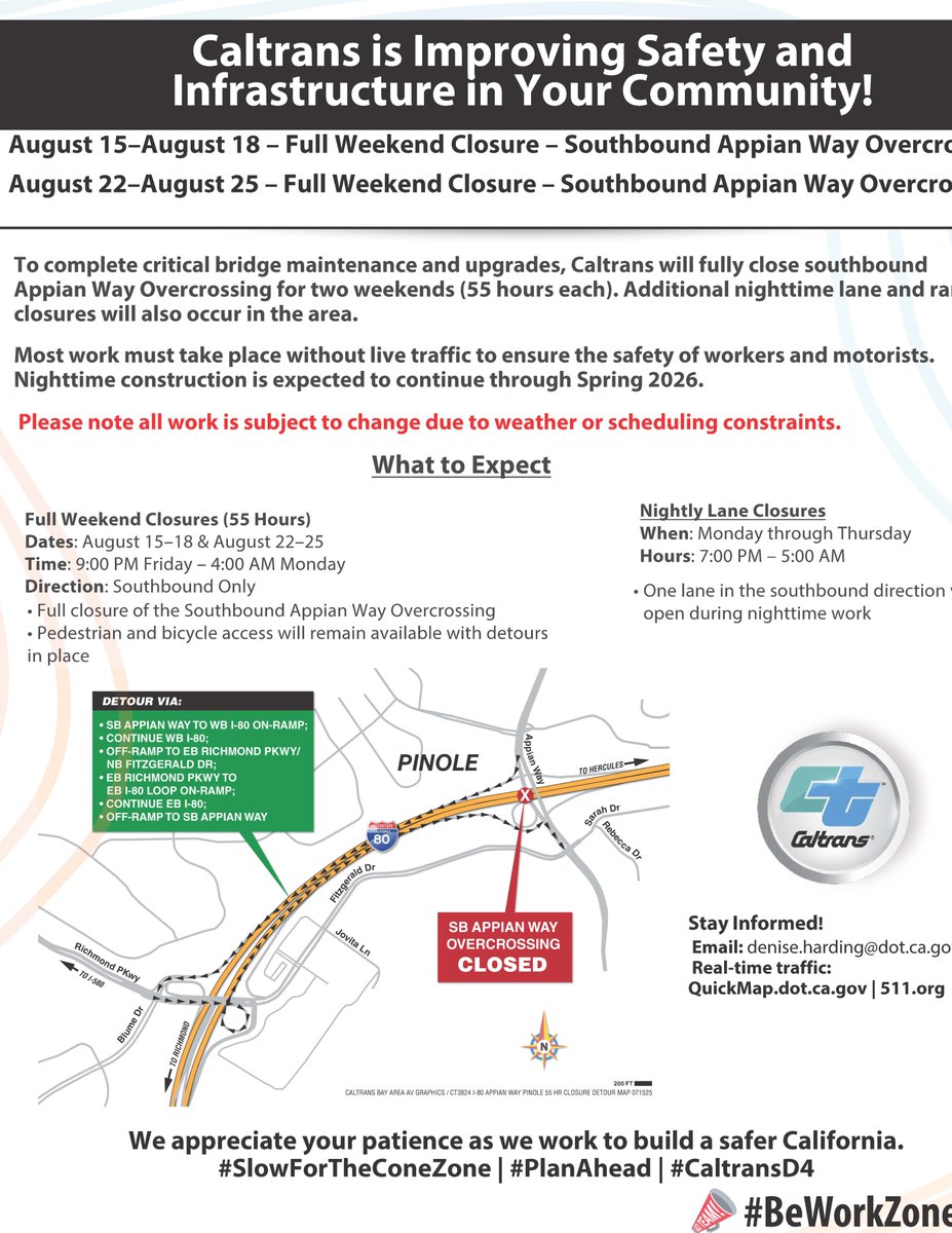 CaltransD4's tweet photo. #FULLCLOSURE in Pinole SB Appian Way Overcrossing over I-80 Caltrans will fully close southbound Appian Way Overcrossing for 55-hours this weekend to complete essential bridge work to replace the bridges bearing pads.
Closure Schedule
•  Fri, Aug 22 @ 9 PM → Mon, Aug 25 @ 4 AM https://t.co/LFjNRRUqsF