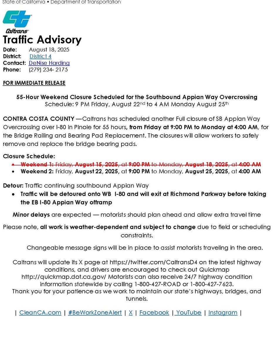 CaltransD4's tweet photo. #FULLCLOSURE in Pinole SB Appian Way Overcrossing over I-80 Caltrans will fully close southbound Appian Way Overcrossing for 55-hours this weekend to complete essential bridge work to replace the bridges bearing pads.
Closure Schedule
•  Fri, Aug 22 @ 9 PM → Mon, Aug 25 @ 4 AM https://t.co/LFjNRRUqsF