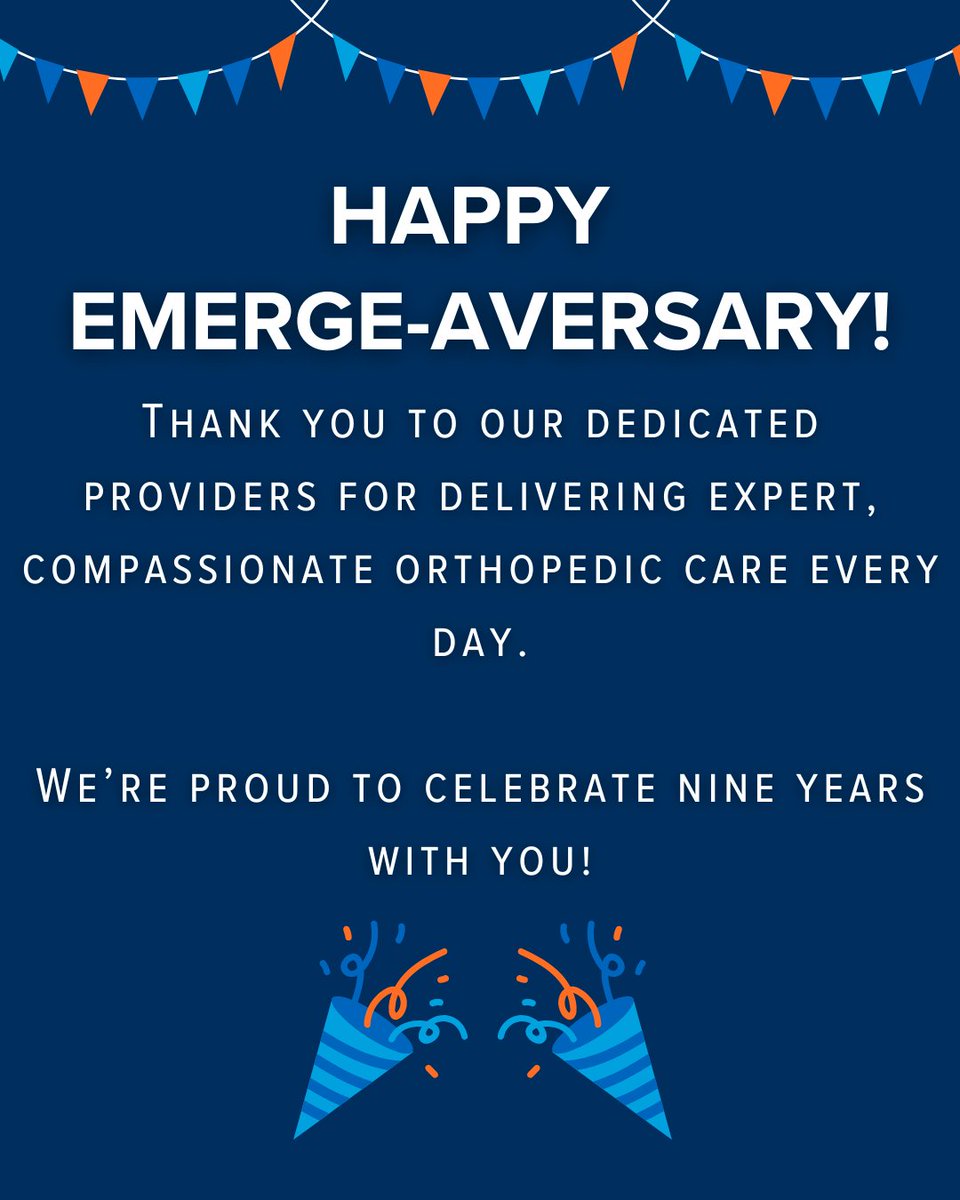 Proud to celebrate our amazing EmergeOrtho providers! 💙

 Your skill, compassion &amp; dedication help patients heal, move forward &amp; get back to what they love. Thank you for setting the standard in orthopedic care, today &amp; every day!

 #Emergeaversary #ProviderAppreciation