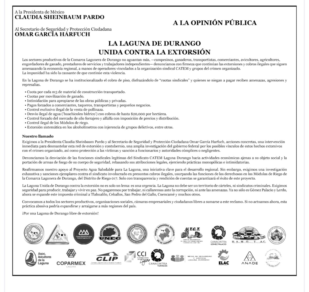 Los sectores productivos de La Laguna de Durango emitieron un pronunciamiento contra presuntas extorsiones de CATEM, organización sindical dirigida por el diputado federal de Morena, Pedro Haces y coordinada en Durango por Nassael Armando Cobián Duarte.
redespoder.com/noticias/extor…