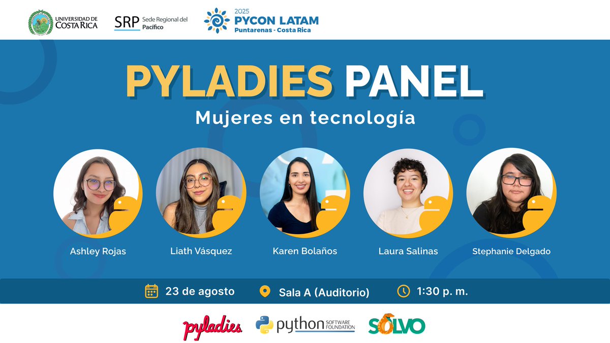 Te presentamos el panel de PyLadies de la #PyConLatam2025: un espacio para visibilizar trayectorias diversas en Python. Inspírate con sus historias y descubre cómo Python impulsa oportunidades en la comunidad tech.

📍 pylatam.org/agenda
🎟 pylatam.org/entrance