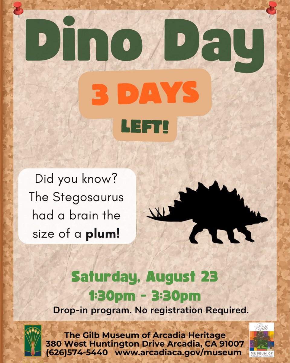 GilbMuseum's tweet photo. #DinoDay is just around the corner!

The Gilb Museum of Arcadia Heritage, in collaboration with the Alf Museum of Paleontology, will be hosting an afternoon of festivities! Stop by between 1:30 and 3:30 PM. https://t.co/WcdGR5t3JB