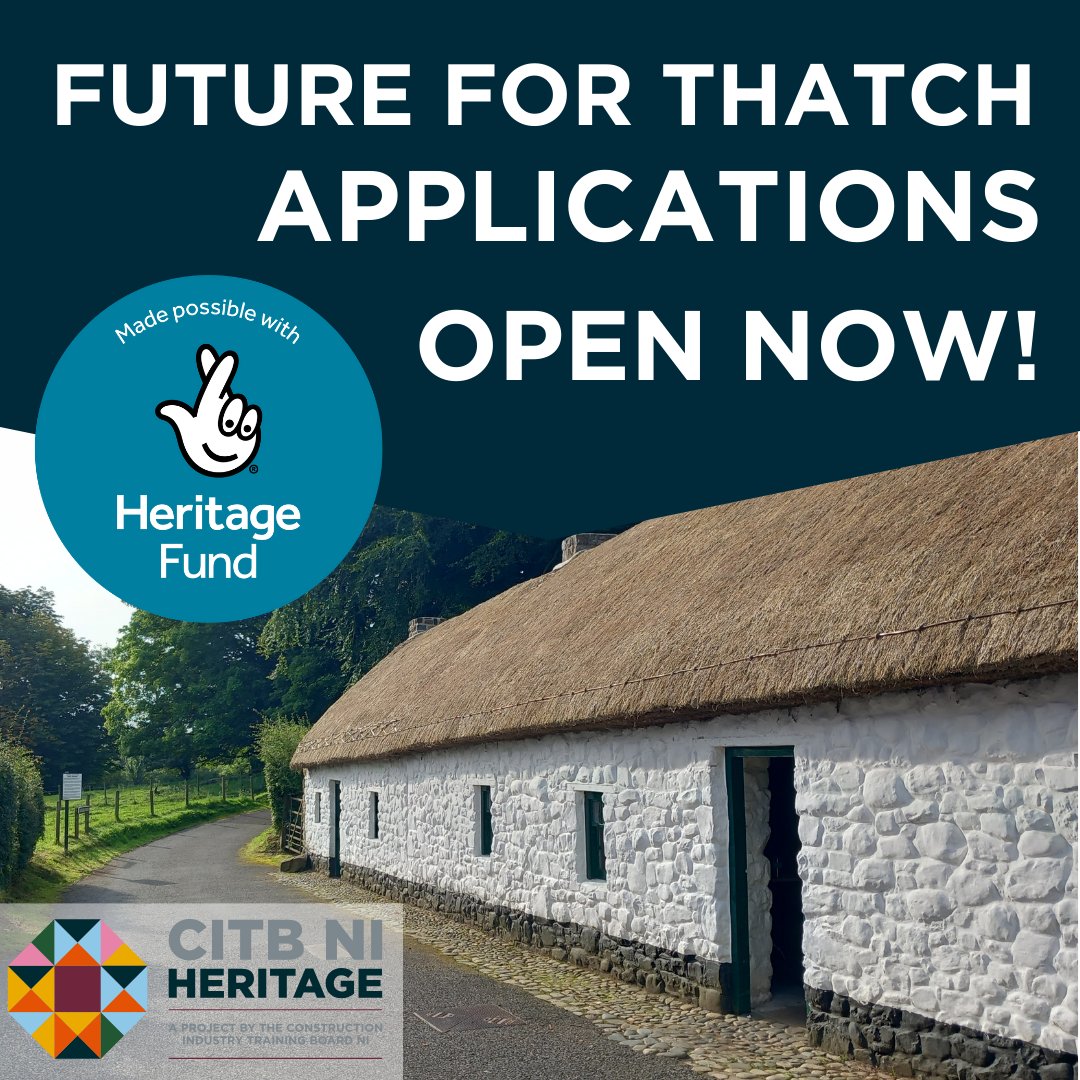 🌾 Future for Thatch supported by <a href="/HeritageFundNI/">The National Lottery Heritage Fund NI</a> – training new thatchers,  subsidised roof works + 3D recording.  Free community heritage workshops. 📢 Groups &amp; owners, get involved! 👉 bit.ly/472T91Y