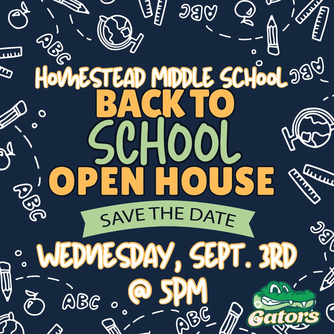 📣 Gator Family, mark your calendars! 🐊
Homestead Middle School’s Back to School Open House is coming up! ✨
📅 Wednesday, September 3rd
⏰ 5:00 PM
Stay tuned — more details coming soon! 💚🐊
#GatorPride #BackToSchool #HMSOpenHouse