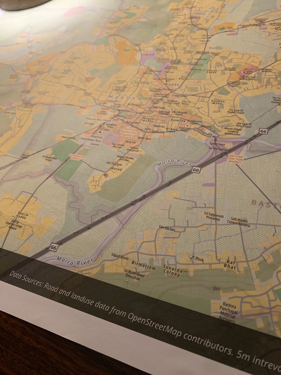 planemad's tweet image. Being next door to a good printer has been fun. First trial of an A2 size color print. Costed Rs150 ($2) at Mapusa, #Goa.
Tried including individual parcel boundaries with 0.1mm width and it printed fine 🤯
Map designed in #qgis using #openstreetmap data.