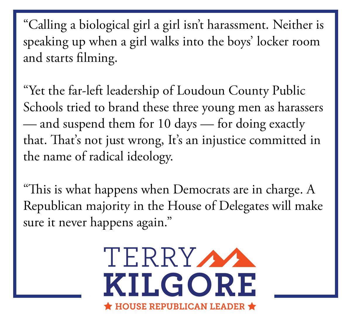 Virginia House GOP (@vahousegop) on Twitter photo Statement from <a href="/delterrykilgore/">Terry Kilgore</a> on efforts by Loudoun County Public Schools to suspend 3 young men who spoke up about a biological girl filming in the boy's locker room: Statement from <a href="/delterrykilgore/">Terry Kilgore</a> on efforts by Loudoun County Public Schools to suspend 3 young men who spoke up about a biological girl filming in the boy's locker room: