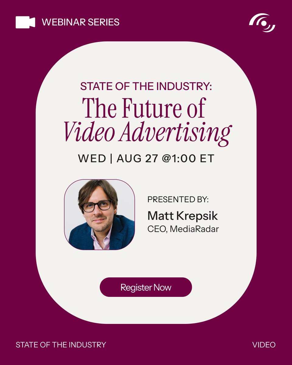 MediaRadar (@mediaradar) on Twitter photo T-1 week until <a href="/MediaRadar/">MediaRadar</a> CEO Matt Krepsik takes the virtual stage for our State of the Industry: Future of Video Advertising webinar! 
Grab your spot here: bit.ly/4fq8Tyl
#MediaRadar #StateOfTheIndustry #VideoAdvertising #Webinar #AdTech #AdvertisingStrategy T-1 week until <a href="/MediaRadar/">MediaRadar</a> CEO Matt Krepsik takes the virtual stage for our State of the Industry: Future of Video Advertising webinar! 
Grab your spot here: bit.ly/4fq8Tyl
#MediaRadar #StateOfTheIndustry #VideoAdvertising #Webinar #AdTech #AdvertisingStrategy