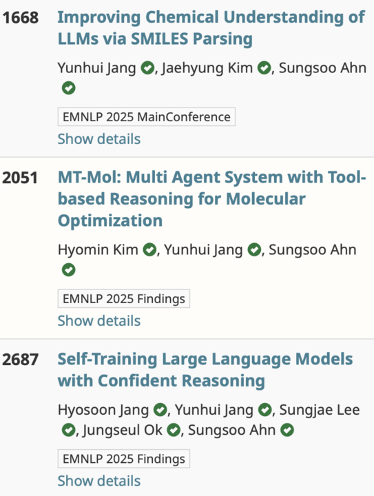 yunhuijang (@yunhuijang_) on Twitter photo 🎉3 papers are accepted to #EMNLP2025! Huge thanks to my co-authors <a href="/sungsoo_ahn_/">Sungsoo Ahn</a>, Jaehyung, <a href="/hyomin126/">Hyomin Kim</a>, and Hyosoon.
1️⃣CLEANMOL: SMILES parsing for pre-training (or for RL?) LLM
2️⃣ MT-Mol: agent for molecular optimization
3️⃣ CORE-PO: RL to prefer high-confidence reasoning path 🎉3 papers are accepted to #EMNLP2025! Huge thanks to my co-authors <a href="/sungsoo_ahn_/">Sungsoo Ahn</a>, Jaehyung, <a href="/hyomin126/">Hyomin Kim</a>, and Hyosoon.
1️⃣CLEANMOL: SMILES parsing for pre-training (or for RL?) LLM
2️⃣ MT-Mol: agent for molecular optimization
3️⃣ CORE-PO: RL to prefer high-confidence reasoning path