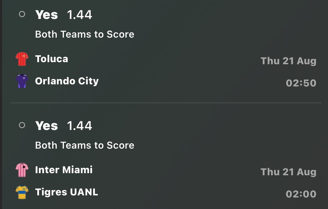 Footy Betting (@footbetting03) on Twitter photo ๐ฒ๐ฝToluca vs Orlando City๐บ๐ธ
Toluca have scored in 19 of their last 20 (2.26 per game) and seen BTTS in 8 of their last 9. Orlando are just as consistent, scoring in 20 straight (2.3 per game) with BTTS landing in each of their last 12.
๐บ๐ธInter Miami vs Tigres๐ฒ๐ฝ
Inter Miami have ๐ฒ๐ฝToluca vs Orlando City๐บ๐ธ
Toluca have scored in 19 of their last 20 (2.26 per game) and seen BTTS in 8 of their last 9. Orlando are just as consistent, scoring in 20 straight (2.3 per game) with BTTS landing in each of their last 12.
๐บ๐ธInter Miami vs Tigres๐ฒ๐ฝ
Inter Miami have