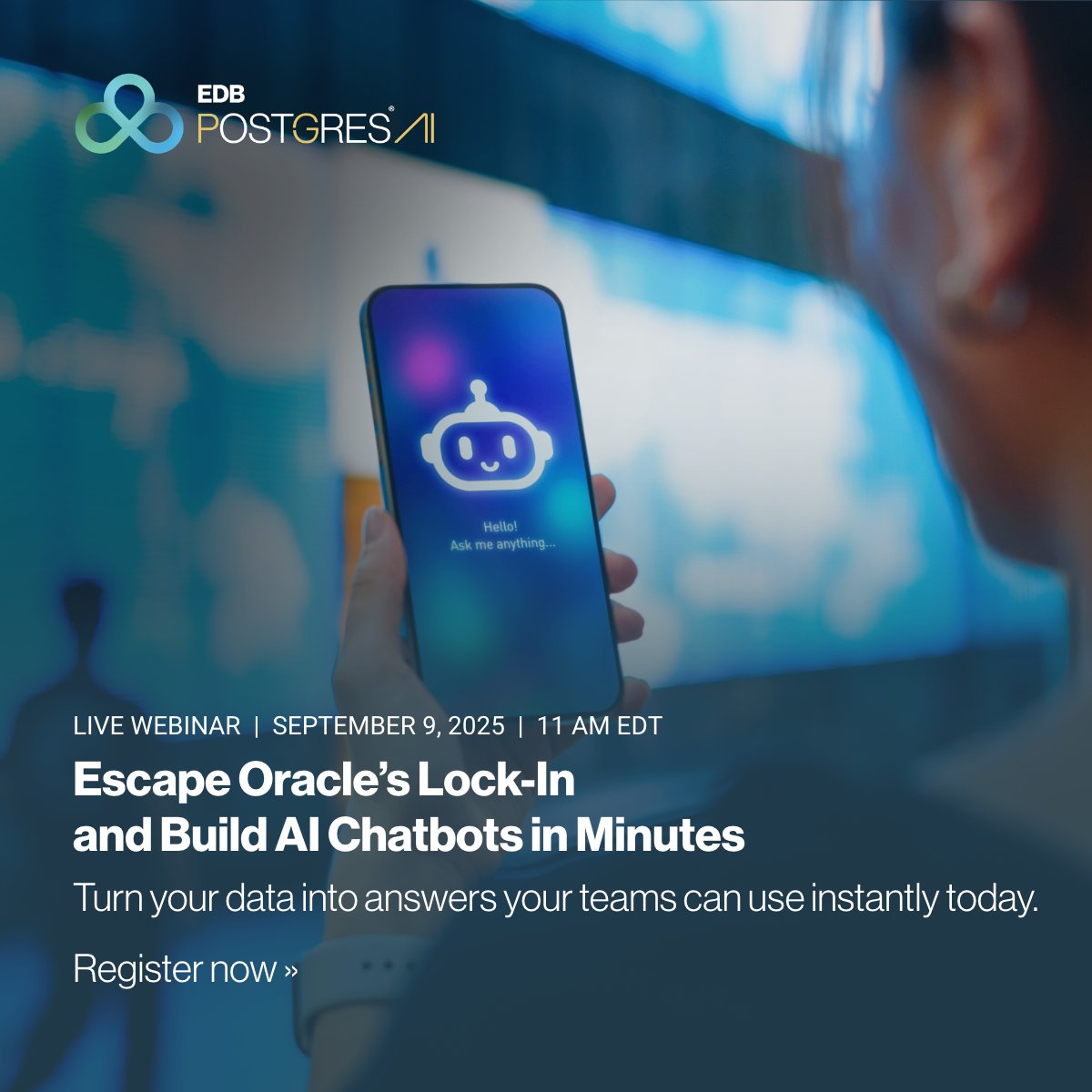 EDBPostgres's tweet image. Oracle lock-in is costing you speed + AI potential. On Sept 9, see how to migrate to #EDBPostgresAI, keep 95% of app code, and build AI chatbots in minutes—not months. 11 AM EDT ➡️ iw-resources.informationweek.com/free/w_defa905…